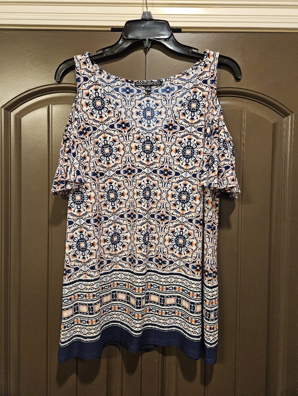COCO BIANCO Cold Shoulder Top, Blue/Orange/White - Size Medium